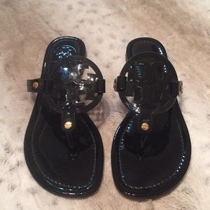 Tory Burch black patent leather flip flops